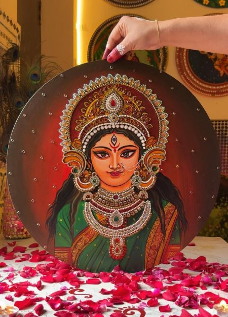 Durga Maa Hand-Painted Fine Art (18-inch Diameter)