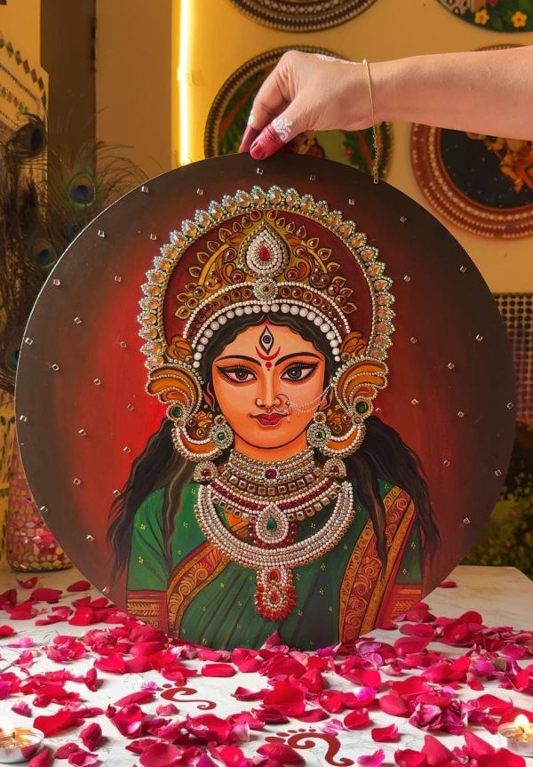Durga Maa Hand-Painted Fine Art (18-inch Diameter)