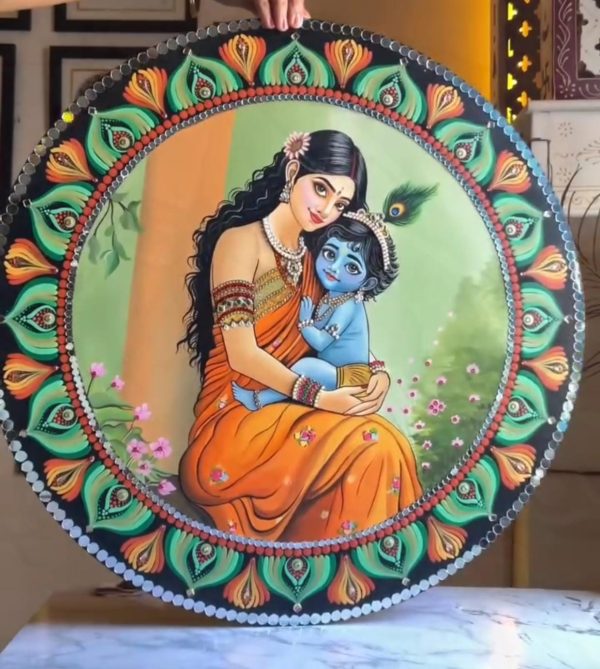 Yashoda Krishna Hand-Painted Artwork (22-Inch Diameter)